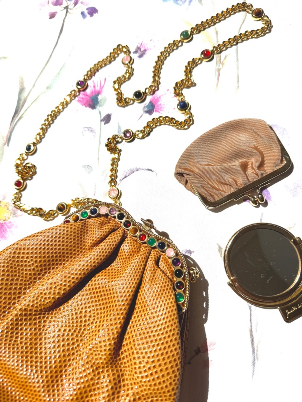 Judith Leiber Tan vintage cabochon stone jeweled bag/ chain strap bag